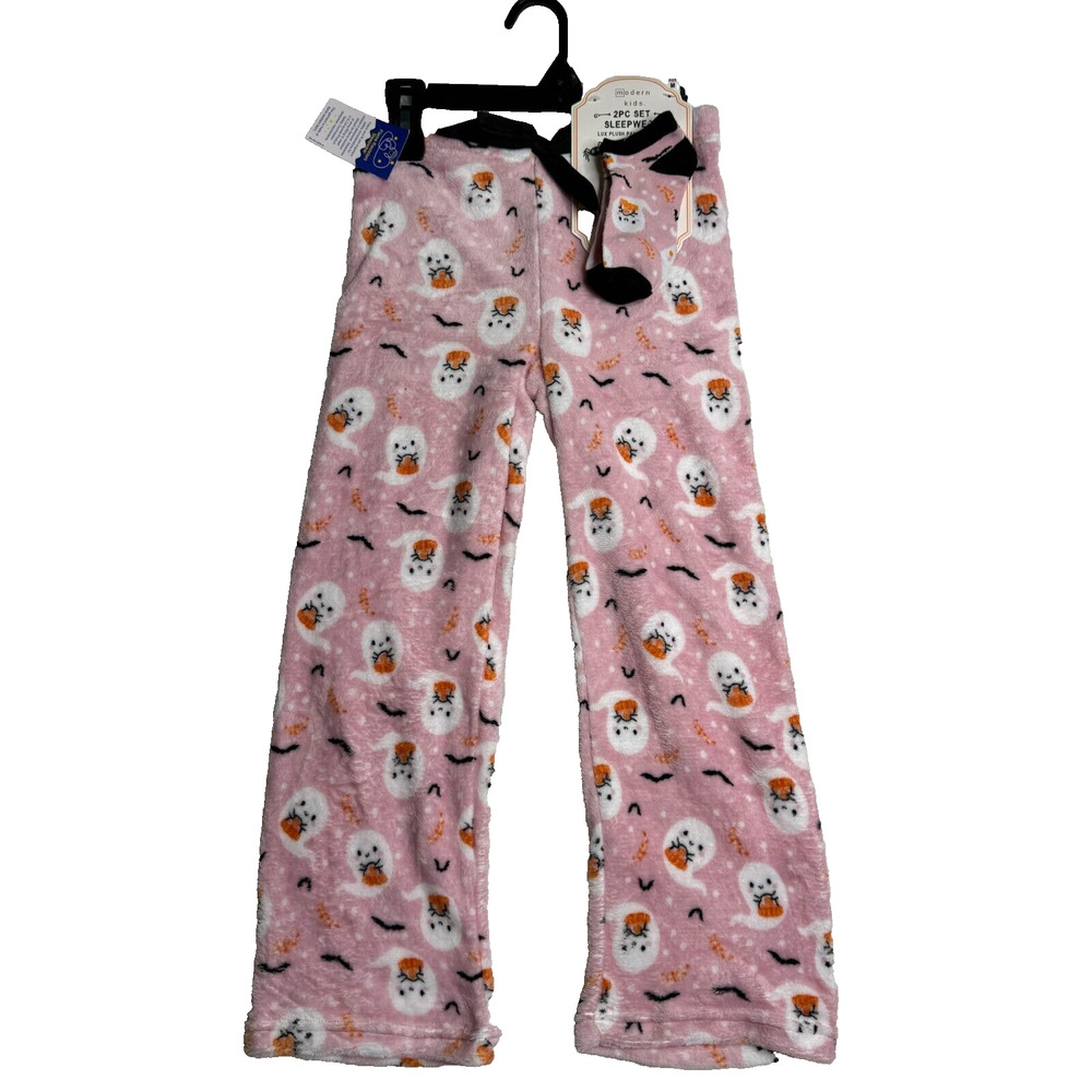 Modern Kids Pink Halloween Ghost Pajama Set Lux Plush Pants Socks Size Medium